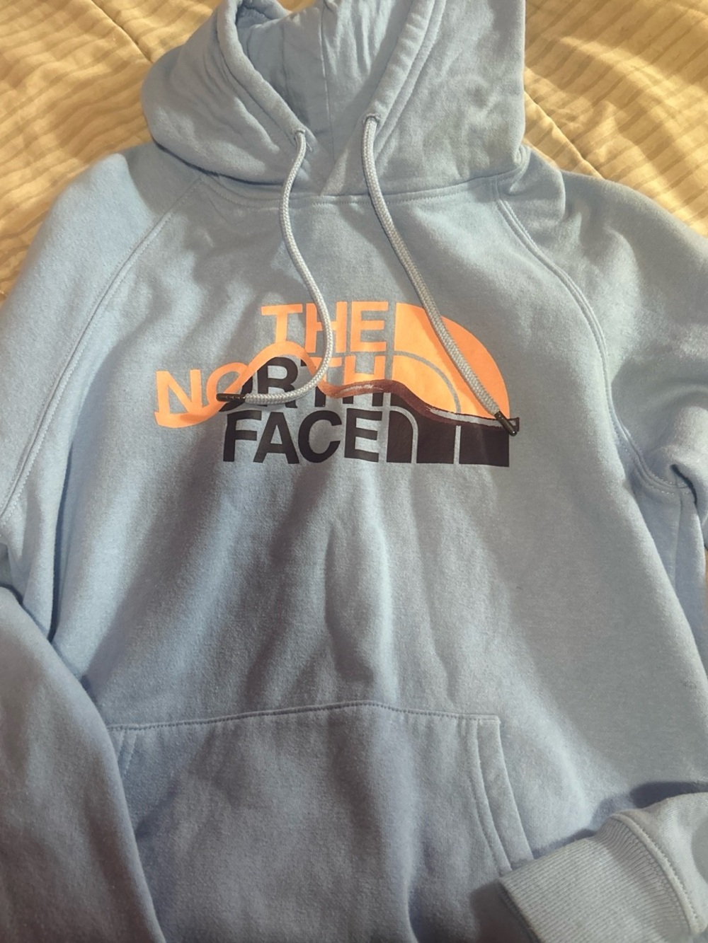 The North Face Sky Blue Hoodie with Orange and Black Logo